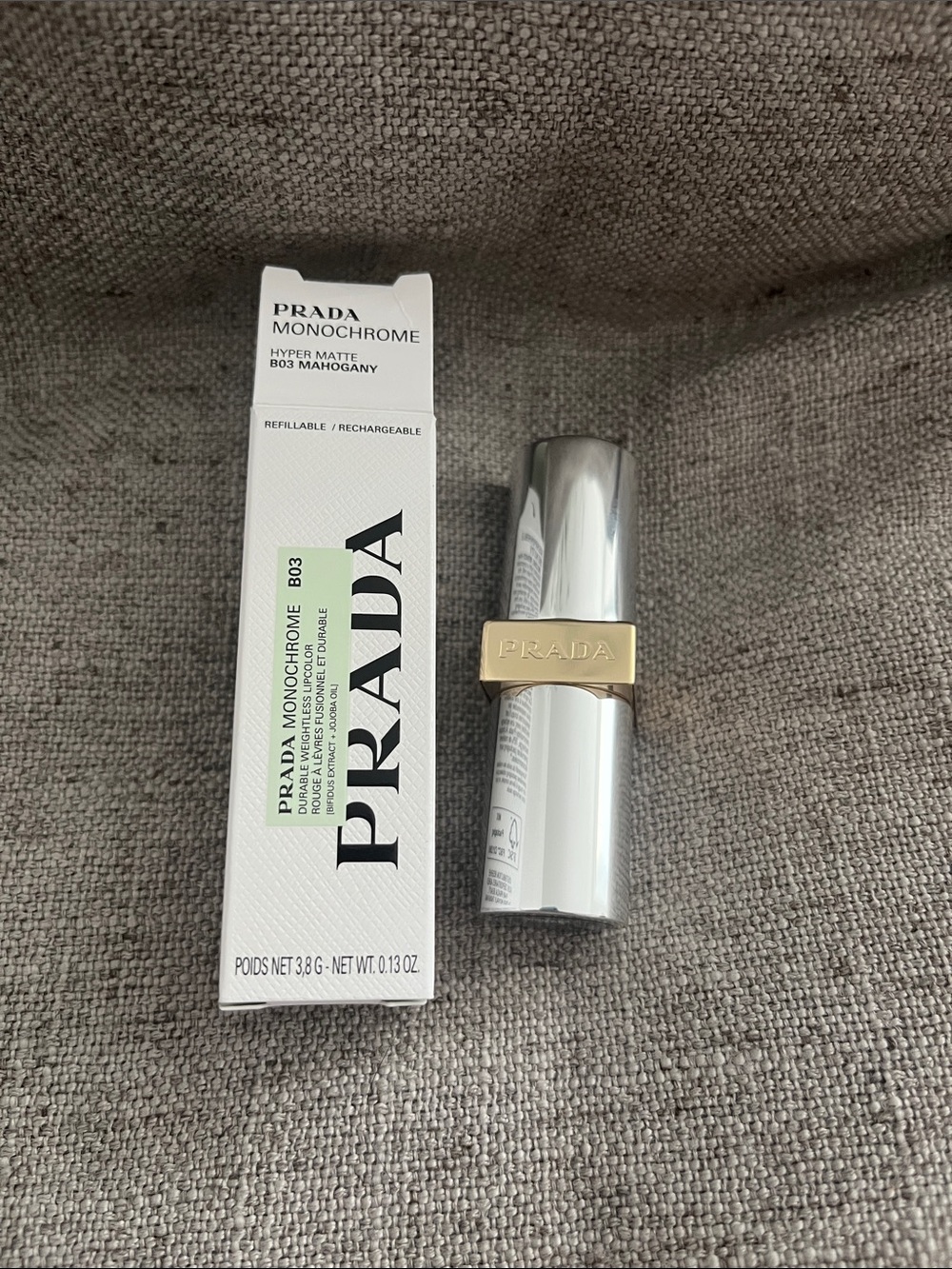Prada Monochrome Hyper Matte Lipstick B03 Mahogany - Silver & Gold Accents - Picture 2 of 5